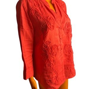 Charter Club Faire Romantic Embroidered 3/4 Sleeve Button up CoralV Neck Shirt 8